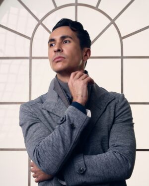 Model wearing a charcoal cashmere wrap